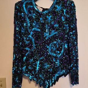 NWT Laurence Kazar Womens Black, Blue, Green & Purple Sequined Beaded Top SZ L